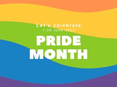 Rainbow background, waves of orange, yellow, green, blue and prurple with the text Let's Celebrate 1-30 June 2023 Pride Month
